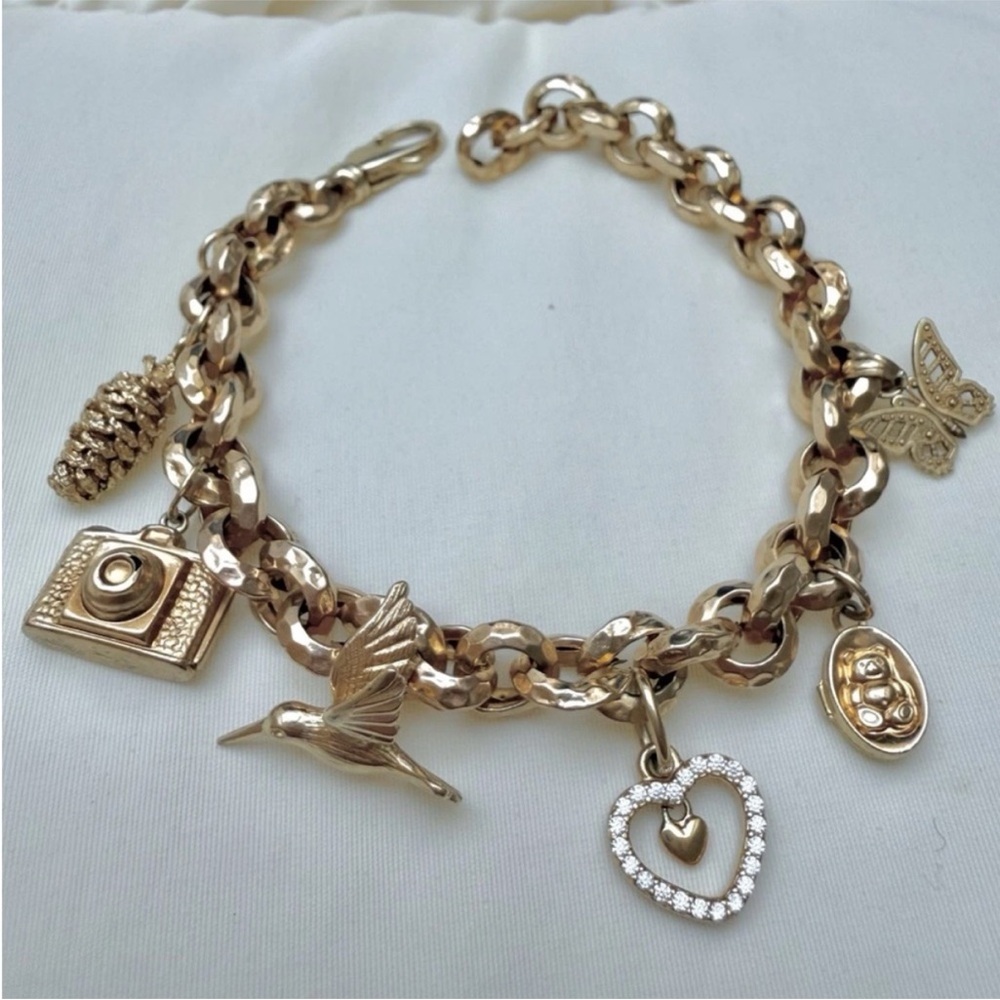 Real 14k - 18k Gold Charm Bracelet Butterfly Heart Bird Camera Fine Jewelry